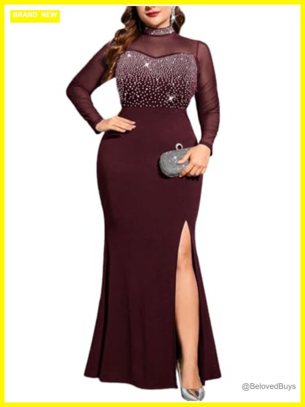 Plus Size Rhinestone Mesh Long Sleeve Maxi Dress High Slit Mermaid Evening Gown